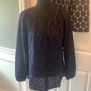 Boden navy eyelet split neck long sleeve blouse cotton